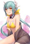  :p aqua_hair bikini breasts cleavage fate/grand_order fate_(series) heart heart-shaped_pupils highres horns kiyohime_(fate/grand_order) kiyohime_(swimsuit_lancer)_(fate) long_hair looking_at_viewer medium_breasts sitting smile solo swimsuit symbol-shaped_pupils tongue tongue_out yellow_bikini yellow_eyes yukihama 