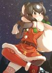  1girl alternate_costume animal_ears bare_shoulders bear_ears bear_tail belt blush boots brown_bear_(kemono_friends) brown_hair commentary_request elbow_gloves eyebrows_visible_through_hair fur_trim gloves highres kemono_friends kemono_friends_festival multicolored_hair okyao sack santa_costume short_hair sky sleeveless solo star_(sky) starry_sky tail thighhighs white_hair zettai_ryouiki 