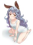  alternate_costume animal_ears arm_support bare_arms bare_legs barefoot blue_hair breasts bunny_ears character_name collarbone contemporary embarrassed erune ferry_(granblue_fantasy) from_above full_body granblue_fantasy jewelry lips long_hair looking_at_viewer one-piece_swimsuit pashiri_(shiripa) school_swimsuit simple_background single_earring sitting small_breasts soles solo swimsuit toes wavy_hair white_background white_school_swimsuit white_swimsuit yellow_eyes 