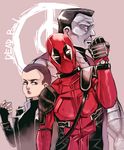  2boys bodysuit cellphone clenched_hand coat colossus_(x-men) deadpool deadpool_(movie) frown lipstick makeup marvel metal_skin multiple_boys negasonic_teenage_warhead nishimatsuya phone pink_lipstick shaved_head smartphone superhero 