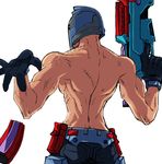  absurdres back battleborn gloves gun helmet highres male_focus oscar_mike pantsmass scar shirtless simple_background solo upper_body weapon white_background 