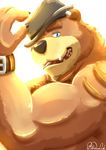  anthro bara-diction bear biceps black_nose blue_eyes bracelet claws ear_piercing front_view hat jewelry looking_at_viewer male mammal manly mature_male muscular muscular_male open_mouth paws piercing pose simple_background solo standing teeth tongue 
