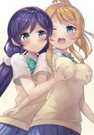  ayase_eli blonde_hair blue_eyes blush breast_grab breasts grabbing green_eyes groping highres large_breasts long_hair love_live! love_live!_school_idol_project motokonut multiple_girls one_eye_closed otonokizaka_school_uniform ponytail purple_hair school_uniform scrunchie sweater_vest toujou_nozomi twintails white_scrunchie yuri 