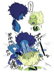  blue_eyes blue_hair blue_skin forehead_jewel green_hair green_skin lapis_lazuli_(steven_universe) multiple_girls peridot_(steven_universe) short_hair sikaku367 steven_universe 