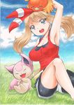  1girl arm_up armpits blue_eyes breasts brown_hair brunette cleavage hair_ribbon haruka_(pokemon) large_breasts long_hair looking_at_viewer open_mouth pokemon sitting smile yuuki_chima 