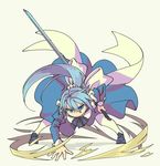  bent_over blue_eyes blue_hair bow commentary dust_cloud fighting_stance full_body hand_on_hilt long_hair maid original pas_(paxiti) ponytail solo sword weapon white_legwear 