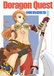  absurdres axe bandages belt chibi_kuro copyright_name curly_hair dragon_quest dragon_quest_heroes dragon_quest_heroes_ii earrings gloves highres jewelry long_hair midriff navel orange_eyes ornaze solo teeth weapon 