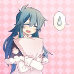  blouse blue_hair capelet check_commentary checkered checkered_background closed_eyes colored_eyelashes commentary_request doremy_sweet ko_kita long_hair open_mouth pillow pillow_hug pom_pom_(clothes) sidelocks solo spoken_sweatdrop sweatdrop touhou upper_body white_blouse 