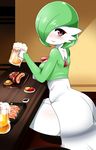  beer beer_mug blush cup drink drinking_glass food gardevoir gen_3_pokemon green_hair hair_over_one_eye highres holding holding_cup indoors looking_at_viewer no_humans pokemon pokemon_(creature) red_eyes sausage short_hair smile solo teddy_jack 
