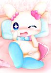  anthro bed blue_eyes blush bow clothing cute dress female legwear looking_at_viewer lovelitchi naoya one_eye_closed pillow presenting presenting_pussy pussy smile stockings tamagotchi underwear wink 