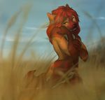  5_fingers anthro brown_fur canine day eyelashes female fur grass hair mammal nude orange_eyes outside red_fur red_hair red_nose sky smileeeeeee solo tan_fur wide_hips witting 