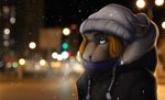  anthro blonde_hair blue_eyes blurred_background clothed clothing feline female hair mammal smileeeeeee snow snowing solo winter 