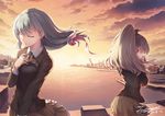  aqua_hair ascot back blazer building closed_eyes cloud crying dated hair_ornament hairclip hand_on_own_chest highres jacket kantai_collection kumano_(kantai_collection) lips long_hair multiple_girls ocean pleated_skirt ponytail ribbon school_uniform shipyard signature skirt sky sunset suzuya_(kantai_collection) tama_yu water 