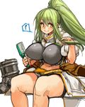  bangs bike_shorts blush breasts brush covered_nipples green_hair hair_brushing high_ponytail holding large_breasts long_hair navel original perky_breasts sachito sidelocks simple_background sitting smile solo sumi-chan_(sachito) thick_thighs thighs white_background yellow_eyes 