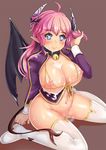  1girl ahoge areolae bell black_wings blue_eyes blush bottomless bra breasts choker cum cum_on_belly cum_on_breasts cumdrip cupless_bra curvy demon_tail demon_wings facial female heart-shaped_pupils horns large_breasts long_hair looking_at_viewer mound_of_venus narane navel nipples on_ground open_shirt pink_hair pointy_ears shirt simple_background sitting smile soccer_spirits solo succubus symbol-shaped_pupils tail thighhighs wariza white_legwear wings 