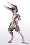  4_toes anthro black_hair brown_fur brown_hair clothed clothing fur hair lagomorph looking_at_viewer male mammal midriff moenkin navel rabbit simple_background solo standing toes topless white_background wide_hips yellow_eyes 