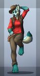  4_toes 5_fingers anthro barefoot black_nose blue_eyes blue_fur breasts canine clothed clothing female fluffy fluffy_tail fur green_eyes hat hi_res mammal simple_background smile smileeeeeee solo standing toes white_fur 