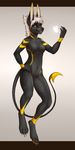  4_toes 5_fingers arthropod black_fur black_nose breasts butterfly canine claws featureless_breasts female floating fur glowing hair hi_res insect jackal mammal mane midriff navel nude pawpads paws smile smileeeeeee solo stripes toes white_hair wide_hips yellow_eyes yellow_fur 