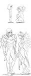  age_difference age_progression armor bodysuit comic contrapposto eye_contact from_side greyscale height_difference highres long_hair looking_at_another mechanical_halo mechanical_wings mercy_(overwatch) monochrome multiple_girls one_knee overwatch pharah_(overwatch) ponytail profile sketch smile standing superrisu teenage white_background wings younger 
