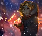  anthro blonde_hair blurred_background clothed clothing feline female fur hair mammal night outside pink_nose red_eyes smileeeeeee snow snowing solo standing tan_fur 