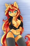  2016 ambris anthro anthrofied areola big_breasts blush breasts clothed clothing equestria_girls equine female hair hi_res horn legwear long_hair looking_at_viewer mammal multicolored_hair my_little_pony panties solo sunset_shimmer_(eg) two_tone_hair underwear unicorn 