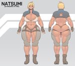  1girl abs ahoge areola_slip areolae ass black_eyes blonde_hair boots breasts character_sheet cleavage curvy female fingerless_gloves full_body gloves huge_breasts large_areolae muscle natedecock navel short_hair solo standing 