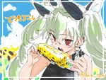  anchovy black_shirt blue_sky collar commentary_request corn day eating flower food girls_und_panzer green_hair hair_ribbon holding holding_food looking_at_viewer open_mouth red_eyes ribbon shirt sketch sky sleeveless solo sunflower torichamaru translation_request twintails twitter_username 