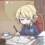  bags_under_eyes black_neckwear blonde_hair blue_eyes blue_sweater bookshelf cup darjeeling dress_shirt girls_und_panzer necktie paperwork pen ree_(re-19) shirt sketch sleepy solo st._gloriana's_school_uniform sweater teacup tired trembling union_jack upper_body v-neck white_shirt 