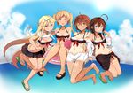  ;) ahoge ball bare_shoulders barefoot bikini_top black_ribbon black_skirt blonde_hair blue_eyes blue_sky braid breasts brown_eyes brown_hair choker cleavage cloud collarbone day food grin groin hair_between_eyes hair_flaps hair_ornament hair_over_shoulder hair_ribbon hairband hairclip hand_on_another's_arm ice_cream innertube jacket kantai_collection light_brown_hair liking long_hair long_sleeves looking_at_viewer medium_breasts miniskirt mouth_hold multiple_girls murasame_(kantai_collection) navel off_shoulder one-piece_tan one_eye_closed open_clothes open_jacket open_mouth parted_lips pleated_skirt popsicle red_eyes red_hairband red_ribbon remodel_(kantai_collection) ribbon sandals sarong scarf shigure_(kantai_collection) shiratsuyu_(kantai_collection) shirt short_hair shorts single_braid skirt sky smile sun tan tanline teeth translated twintails very_long_hair water white_scarf white_shirt yellow_eyes yuudachi_(kantai_collection) 