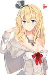  arm_up bare_shoulders blonde_hair blue_eyes blush bow braid breasts cleavage closed_mouth collarbone crown dress england english_flag flower french_braid hand_on_hip heart jewelry kantai_collection long_hair long_sleeves looking_at_viewer medium_breasts mini_crown moonlaw off-shoulder_dress off_shoulder pendant red_bow red_flower red_rose rose simple_background smile solo warspite_(kantai_collection) white_background white_dress 
