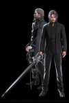  3d beard black_hair cane cape dirty facial_hair father_and_son final_fantasy final_fantasy_xv formal grey_hair highres looking_at_viewer multiple_boys noctis_lucis_caelum official_art regis_lucis_caelum square_enix suit sword weapon 