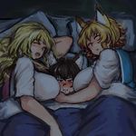  animal_ears arm_around_neck bangs bed_sheet blonde_hair blush breast_press breasts brown_hair cat_ears chanta_(ayatakaoisii) chen dark dress fox_ears girl_sandwich head_on_arm large_breasts long_hair looking_at_viewer multiple_girls pillow puffy_cheeks sandwiched short_hair sidelocks size_difference snoring sweat teeth touhou white_dress yakumo_ran yakumo_yukari 