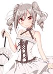  bad_id bad_twitter_id blush closed_umbrella drill_hair idolmaster idolmaster_cinderella_girls kanzaki_ranko long_hair looking_at_viewer parasol red_eyes silver_hair simple_background sleeveless smile solo tsukudani_norio twin_drills umbrella 