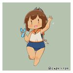  barefoot bottle brown_eyes brown_hair capriccyo chibi i-401_(kantai_collection) kantai_collection one-piece_swimsuit one-piece_tan open_mouth ponytail ramune sailor_collar school_swimsuit short_ponytail solo swimsuit swimsuit_under_clothes tan tanline 