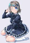  ;) blue_eyes bobby_socks bow brown_hair chikugen_shiina closed_mouth gothic_lolita highlights lolita_fashion looking_at_viewer love_live! love_live!_sunshine!! multicolored_hair no_shoes one_eye_closed short_hair simple_background sitting smile socks solo v v_over_eye wariza watanabe_you white_legwear 
