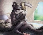  anthro bed bottomless butt canine clothed clothing duo eyes_closed eyewear female french_kissing glasses gorath inside kissing lagomorph male male/female mammal open_mouth rabbit sitting topless 