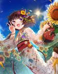  :d amatou_cacao animal_ears antenna_hair backlighting bag blue_sky blush bracelet cat_ears cat_tail cloud day fang field floral_print flower flower_field geta hair_flower hair_ornament highres holding holding_bag japanese_clothes jewelry kimono leg_up light_rays long_sleeves looking_back multicolored multicolored_eyes no_socks open_mouth original outdoors pearl_bracelet platform_footwear purple_eyes sandals sash see-through short_hair sky smile solo sun sunflower sunlight tail tassel tooth v wide_sleeves yellow_eyes yukata 