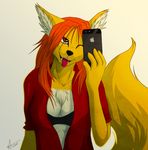  acino_(artist) anthro breasts canine clothed clothing fangs female fox mammal phone selfie simple_background smile solo teeth tongue tongue_out 