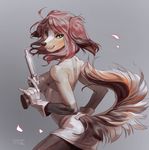  5_fingers anthro bare_back bare_shoulders black_nose canine clothed clothing dog female green_eyes grey_background gun hair looking_at_viewer mammal melloque pink_hair ranged_weapon simple_background smile solo standing weapon 