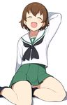  :d ^_^ accio arm_behind_head brown_hair closed_eyes freckles girls_und_panzer green_skirt ooarai_school_uniform open_mouth panties pantyshot pantyshot_(sitting) pleated_skirt school_uniform serafuku short_hair simple_background sitting skirt smile solo tsuchiya_(girls_und_panzer) underwear white_background white_panties yokozuwari 