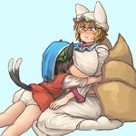  animal_ears belly between_breasts blonde_hair breast_smother breasts brown_eyes brown_hair cat_ears cat_tail chanta_(ayatakaoisii) chen fox_tail green_hat hat head_between_breasts hug huge_breasts kneepits long_skirt long_sleeves motorboating multiple_girls multiple_tails panties pillow_hat plump red_skirt red_vest shirt short_hair simple_background size_difference skirt skirt_set slit_pupils socks sweatdrop tabard tail teal_background thick_thighs thighs touhou two_tails underwear vest white_legwear white_panties white_shirt white_skirt yakumo_ran 