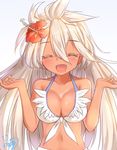  :d ^_^ bikini blue_background blush breasts closed_eyes collarbone dark_skin eyebrows eyebrows_visible_through_hair flower gradient gradient_background granblue_fantasy hair_flower hair_ornament large_breasts long_hair meuneyu open_mouth signature smile solo swimsuit white_background white_bikini white_hair zooey_(granblue_fantasy) 