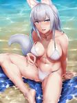  :d animal_ears bangs bare_arms bare_legs bare_shoulders barefoot bikini blue_eyes blunt_bangs blush breasts cleavage collarbone day fox_ears fox_tail from_above highres jewelry kageshio_(276006) large_breasts looking_at_viewer looking_up nail_polish navel necklace ocean open_mouth original purple_nails sekka_(kageshio) shiny shiny_skin silver_hair sitting smile solo stomach swimsuit tail water wet white_bikini 