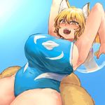  alternate_costume animal_ears armpits arms_up ball beachball belly bikini blonde_hair blue_sky blush breasts chanta_(ayatakaoisii) covered_nipples cowboy_shot curvy day fox_ears fox_tail huge_breasts micro_bikini multiple_tails navel one-piece_swimsuit open_mouth shiny shiny_hair short_hair sky smile solo sunlight swimsuit tail teeth thick_thighs thighs tongue touhou yakumo_ran 