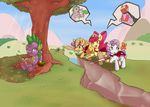  alasou apple_bloom_(mlp) arthropod big_macintosh_(mlp) book butterfly cape clothing cutie_mark cutie_mark_crusaders_(mlp) day dragon earth_pony equine feathered_wings feathers female feral friendship_is_magic grass green_eyes group hair hair_bow hair_ribbon hooves horn horse insect lance male mammal melee_weapon mouth_hold multicolored_hair my_little_pony open_mouth orange_eyes orange_feathers outside pegasus pink_hair pony purple_hair purple_scales reading red_hair ribbons scales scootaloo_(mlp) shield sitting sky spike_(mlp) sweetie_belle_(mlp) sword thought_bubble tree two_tone_hair unicorn weapon wings young 