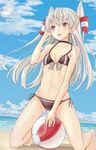  :d adapted_costume amatsukaze_(kantai_collection) ball bare_arms bare_legs bare_shoulders barefoot beach beachball between_legs bikini blue_sky bow breasts brown_bikini brown_eyes brown_ribbon choker cleavage cloud cloudy_sky collarbone day grey_bow hair_tubes hand_in_hair horizon kantai_collection kneeling legs_apart long_hair looking_to_the_side navel ocean open_mouth outdoors remil ribbon sand side-tie_bikini silver_hair sky small_breasts smile solo stomach swimsuit two_side_up very_long_hair water 