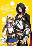  1girl :d bandages bangs belt black_hair blazblue blazblue:_chronophantasma blonde_hair blue_skirt cape capelet cowboy_shot forked_eyebrows gloves green_eyes happy_birthday kagura_mutsuki kaname_nagi long_hair looking_at_viewer necktie noel_vermillion open_mouth outstretched_hand parted_bangs pleated_skirt red_eyes red_neckwear shirt skirt sleeveless sleeveless_shirt smile white_gloves white_shirt yellow_background 