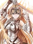 armor bad_id bad_pixiv_id bare_shoulders blonde_hair chain fate/apocrypha fate/grand_order fate_(series) fire flame from_above fur_trim gauntlets gorget jeanne_d'arc_(fate) jeanne_d'arc_(fate)_(all) long_hair solo suterisu sword very_long_hair weapon yellow_eyes 