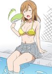  =_= bikini_top brown_hair fan kunikida_hanamaru love_live! love_live!_sunshine!! marugoshi_teppei navel no_shirt open_mouth paper_fan partially_submerged pool sitting skirt solo sweat uchiwa 