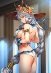  animal_ears armlet ass backless_outfit bare_back bracelet braid breasts brown_eyes cowboy_shot ears_through_headwear erune flat_ass from_side granblue_fantasy hair_between_eyes hair_tubes hat heles jewelry large_breasts long_hair looking_at_viewer one-piece_swimsuit profile pyz_(cath_x_tech) sideboob silver_hair single_braid solo standing sun_hat sunlight swimsuit very_long_hair 